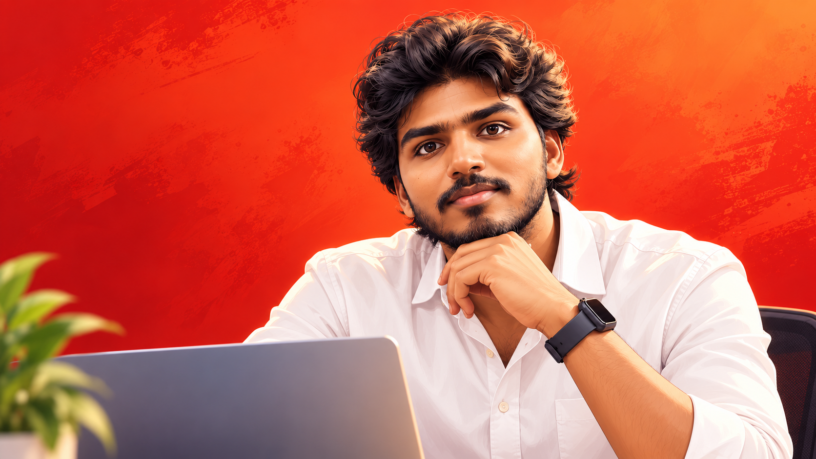 Joshuva in a white shirt, resting his chin on his hand behind a laptop, against a vivid red background: the work portrait