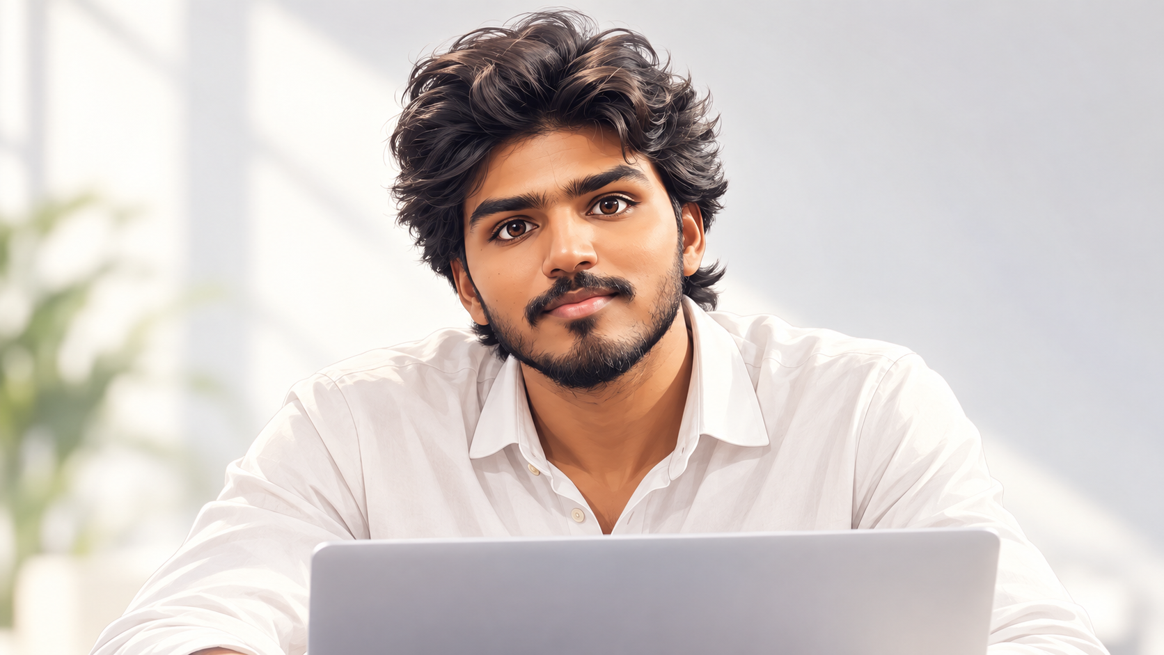 Joshuva at his laptop, in a white shirt